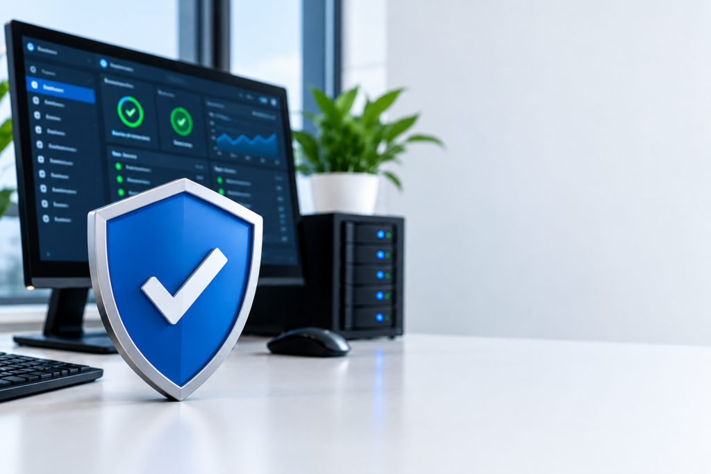 Blaues Schutzschild mit Häkchen vor einem IT-Monitoring-System – Symbol für IT-Sicherheit und vorbeugende Systemüberwachung.