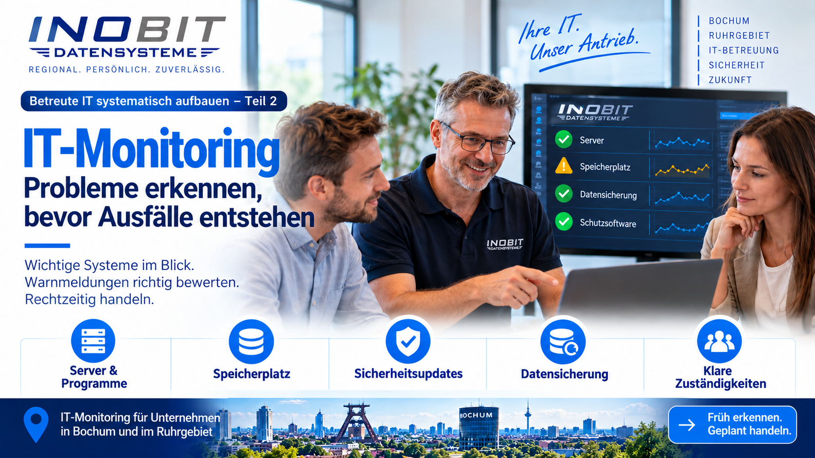 IT-Beratung mit Monitoring-Anzeige für Server, Speicherplatz und Datensicherung – InoBit für Unternehmen in Bochum und im Ruhrgebiet.